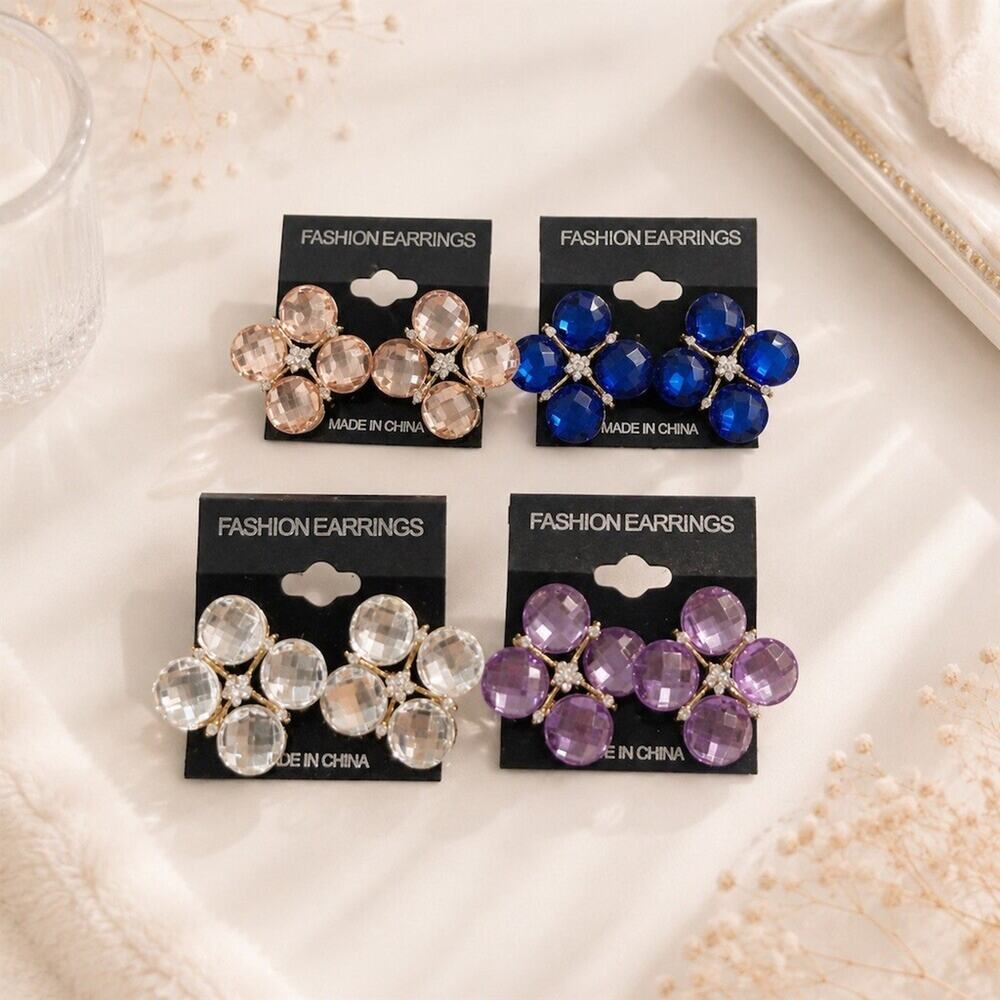 Lot of 4 Floral Cluster flower Stud Earrings Multicolor Faceted Rhinestone Post